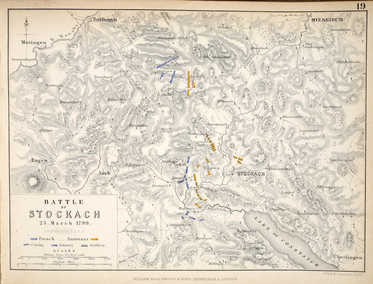 Mapa de la Batalla de Stockach, publicado por William Blackwood and Sons, Edimburgo y Londres, 1848 (grabado coloreado a mano) de Alexander Keith Johnston