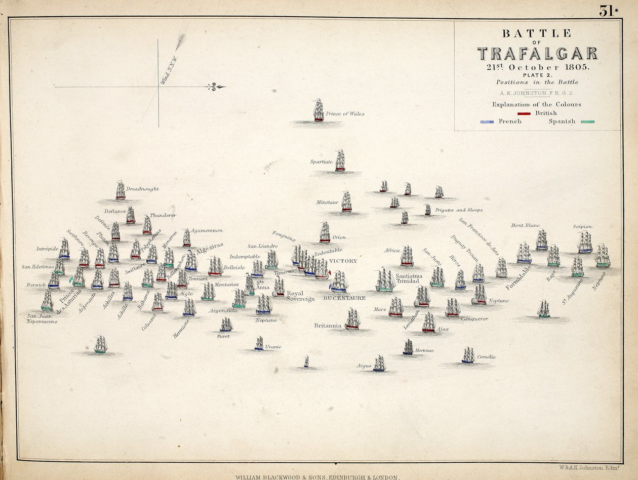 Mapa de la Batalla de Trafalgar, publicado por William Blackwood and Sons, Edimburgo y Londres, 1848 de Alexander Keith Johnston