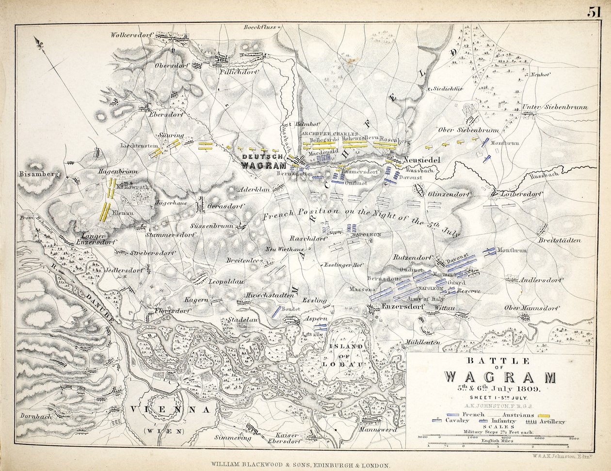 Mapa de la Batalla de Wagram, publicado por William Blackwood and Sons, Edimburgo y Londres, 1848 de Alexander Keith Johnston