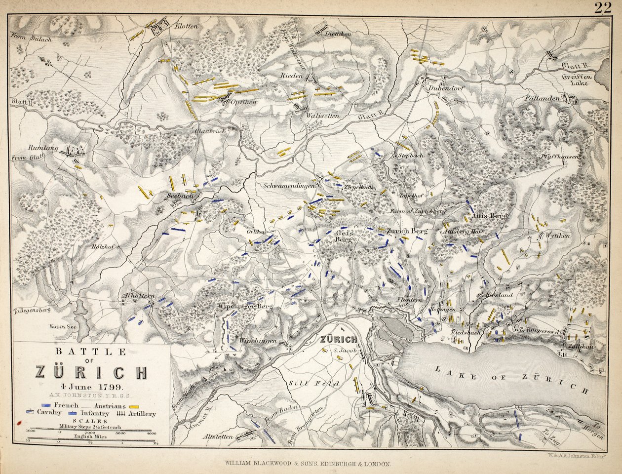 Mapa de la Batalla de Zúrich, publicado por William Blackwood and Sons, Edimburgo y Londres, 1848 de Alexander Keith Johnston
