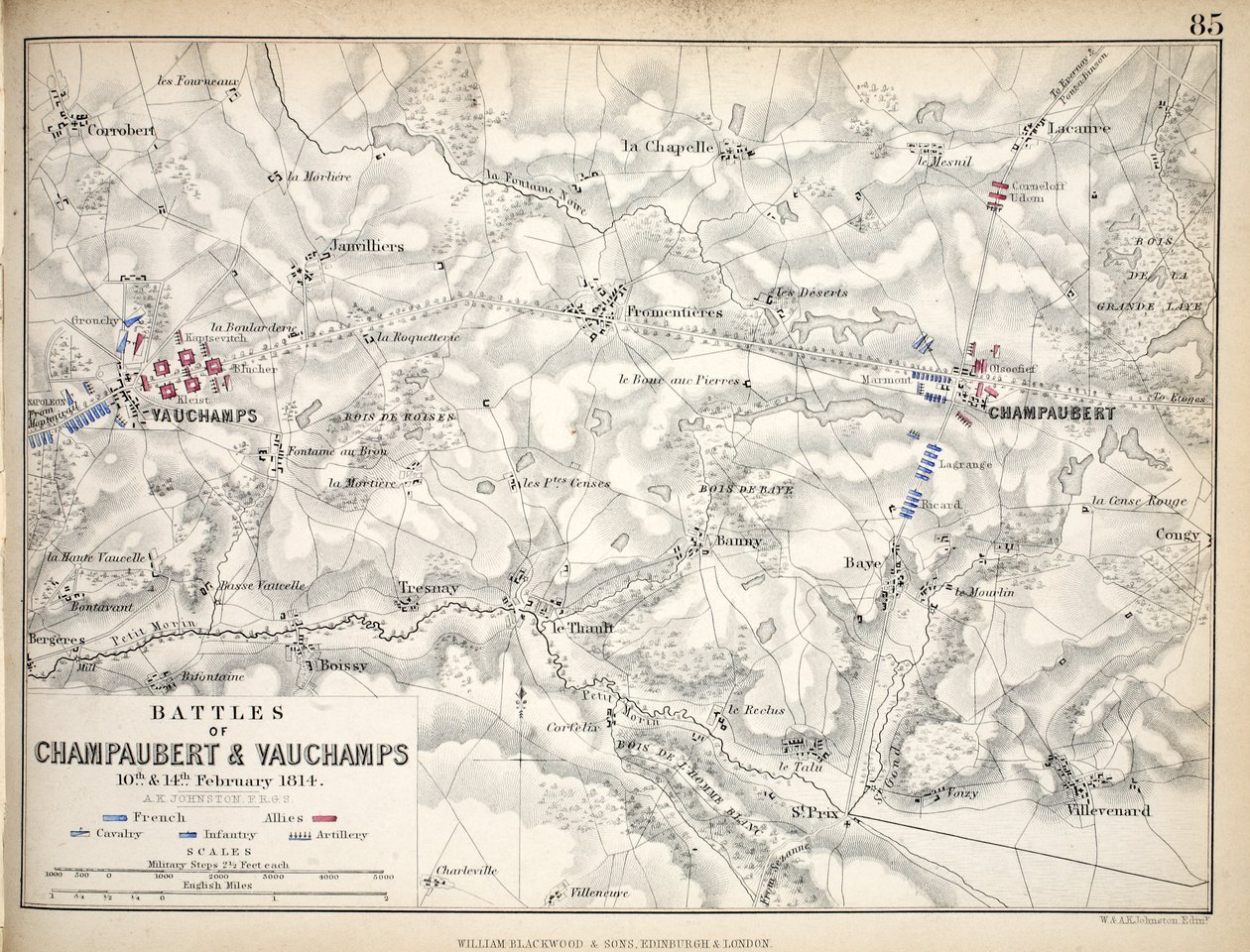 Mapa de las Batallas de Champaubert y Vauchamps, publicado por William Blackwood and Sons, Edimburgo y Londres, 1848 de Alexander Keith Johnston