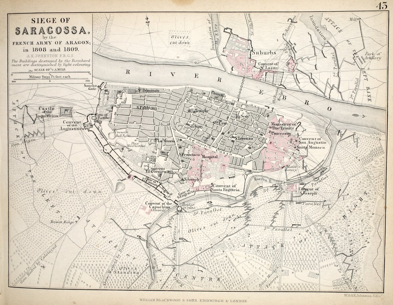 Mapa del sitio de Zaragoza, publicado por William Blackwood and Sons, Edimburgo y Londres, 1848 (grabado a mano) de Alexander Keith Johnston