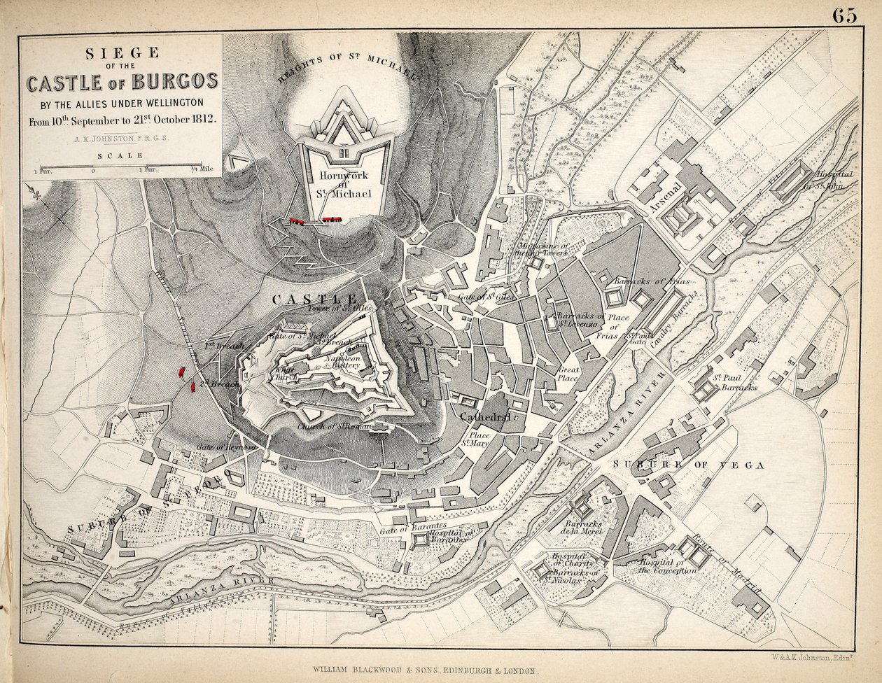 Mapa del Asedio del Castillo de Burgos, publicado por William Blackwood and Sons, Edimburgo y Londres, 1848 de Alexander Keith Johnston