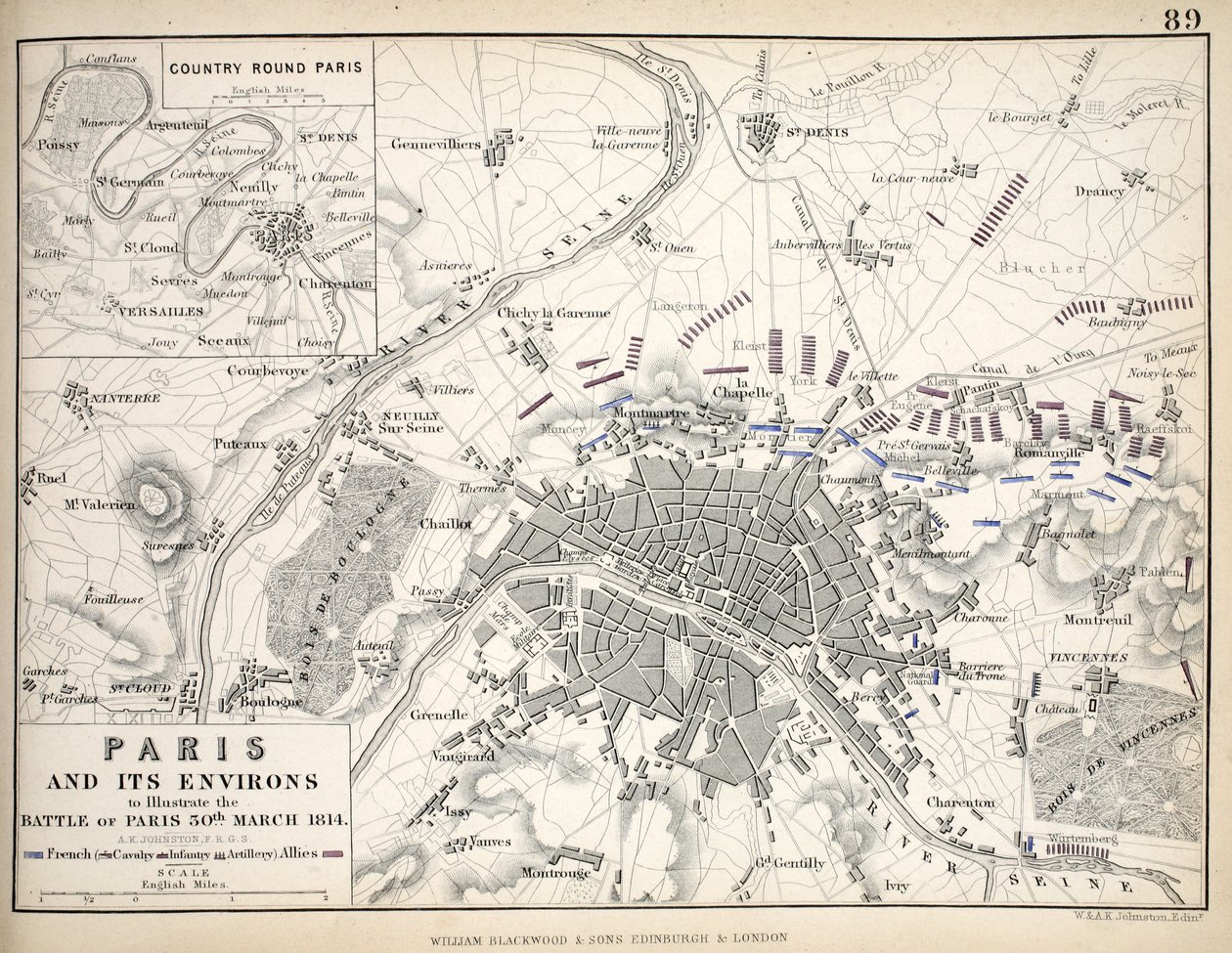 París y sus alrededores, para ilustrar la Batalla de París, 30 de marzo de 1814, publicado c.1830s de Alexander Keith Johnston