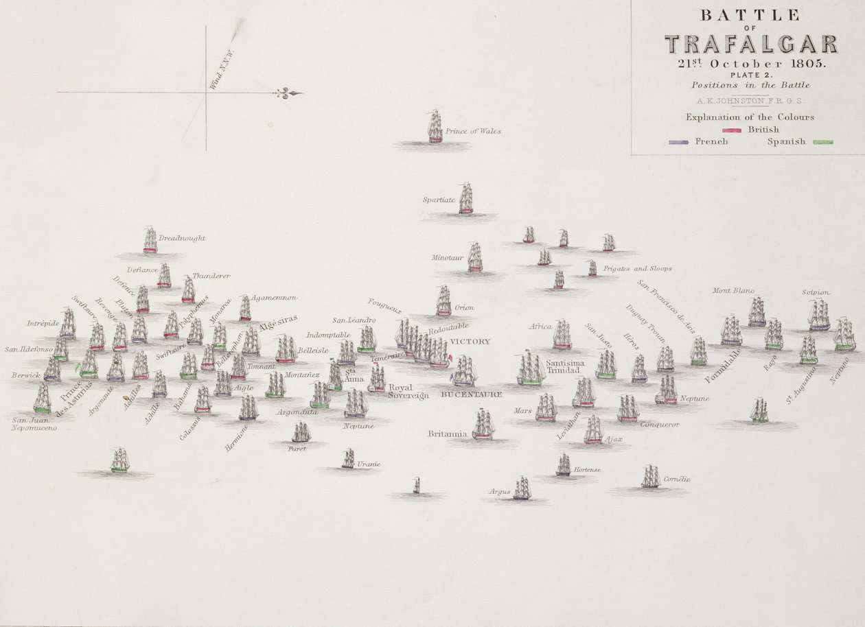La batalla de Trafalgar, 21 de octubre de 1805, posiciones en la batalla, c.1830s de Alexander Keith Johnston