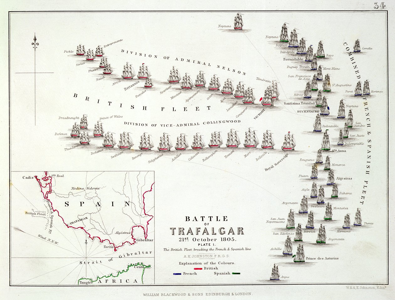 La batalla de Trafalgar, 21 de octubre de 1805, los británicos rompiendo la línea francesa y española, c.1830s de Alexander Keith Johnston