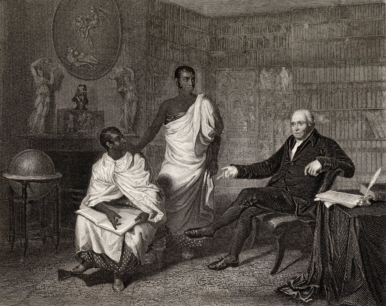 Dr. Adam Clarke y los sacerdotes de Buda, grabado por Robinson de Alexander Mosses