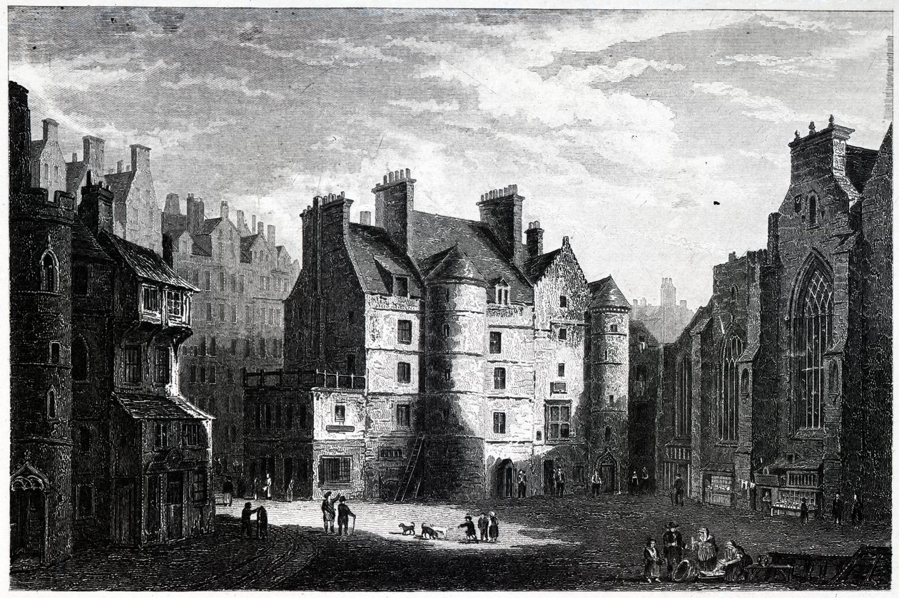 Antigua cárcel de Edimburgo, grabado por Edward Finden de Alexander Nasmyth