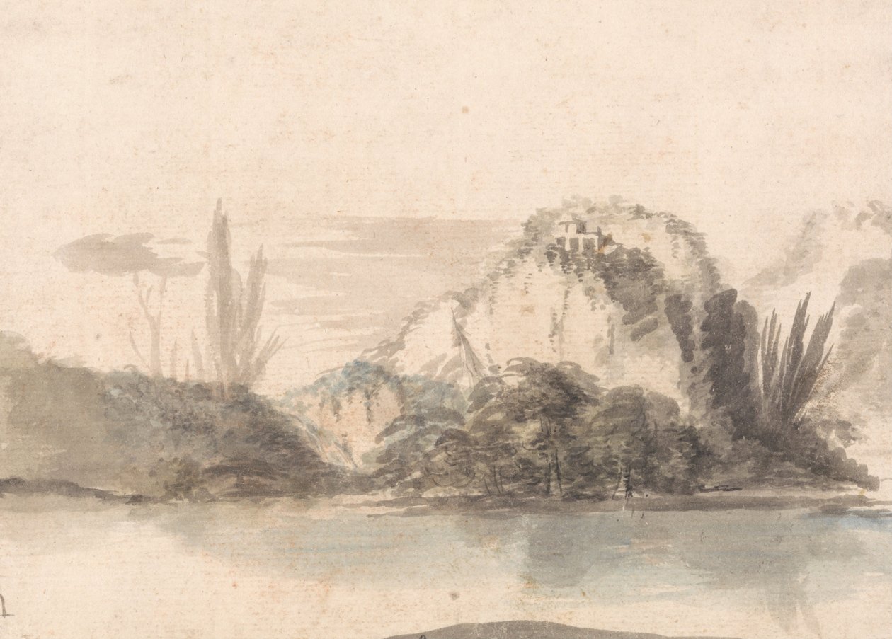 Un templo encaramado en un saliente rocoso visto a través de un lago de Alexander Runciman