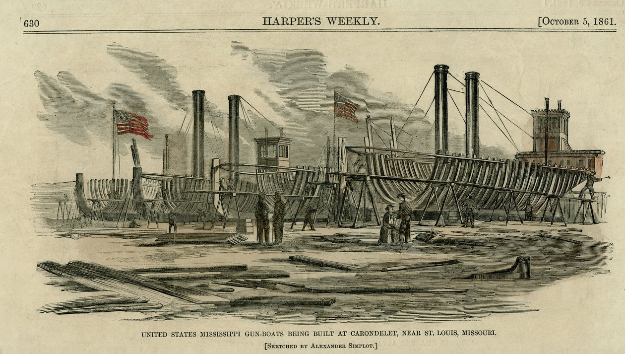 Barcos de guerra del Mississippi de los Estados Unidos siendo construidos en Carondelet, cerca de St. Louis, Missouri de Alexander Simplot