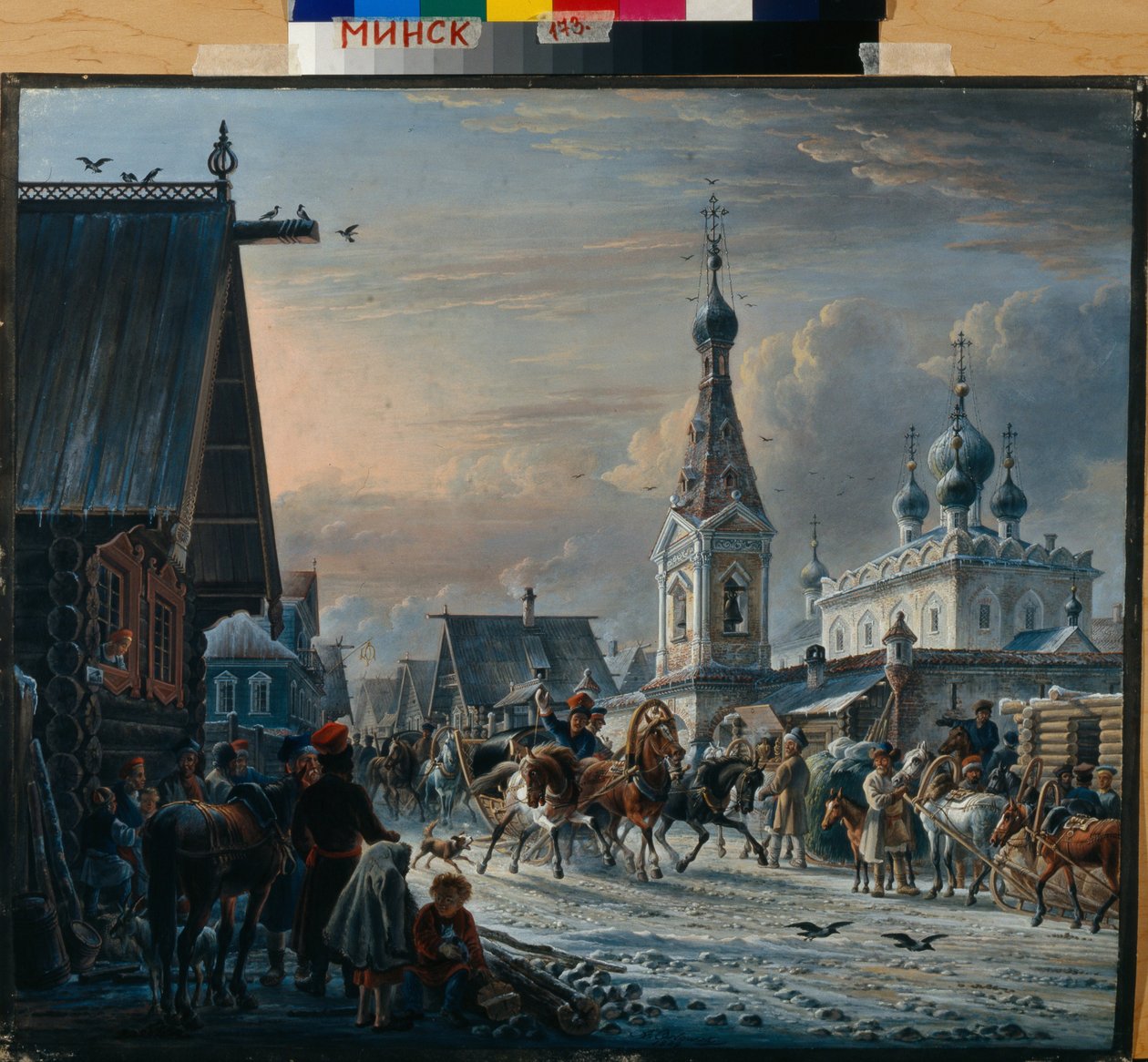 Trineos de correo rusos (troika) circulando en una calle en invierno y saludando a los habitantes en su camino (Calle con coches de correo) - Pintura de Alexander Osipovich Orlowski (1777-1832) de Alexander Orlowski