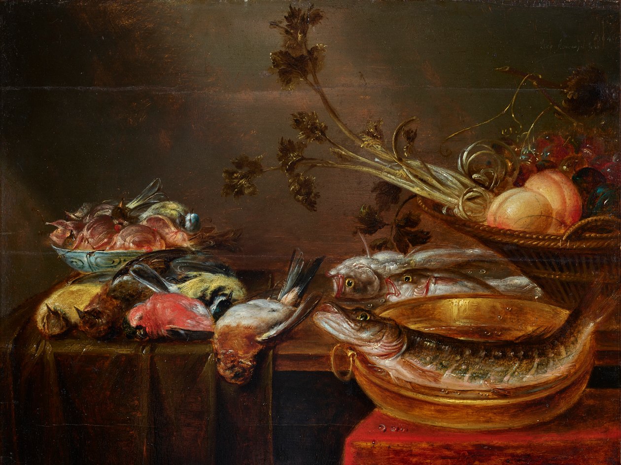 Bodegón con peces, pájaros y fruta de Alexander Adriaenssen