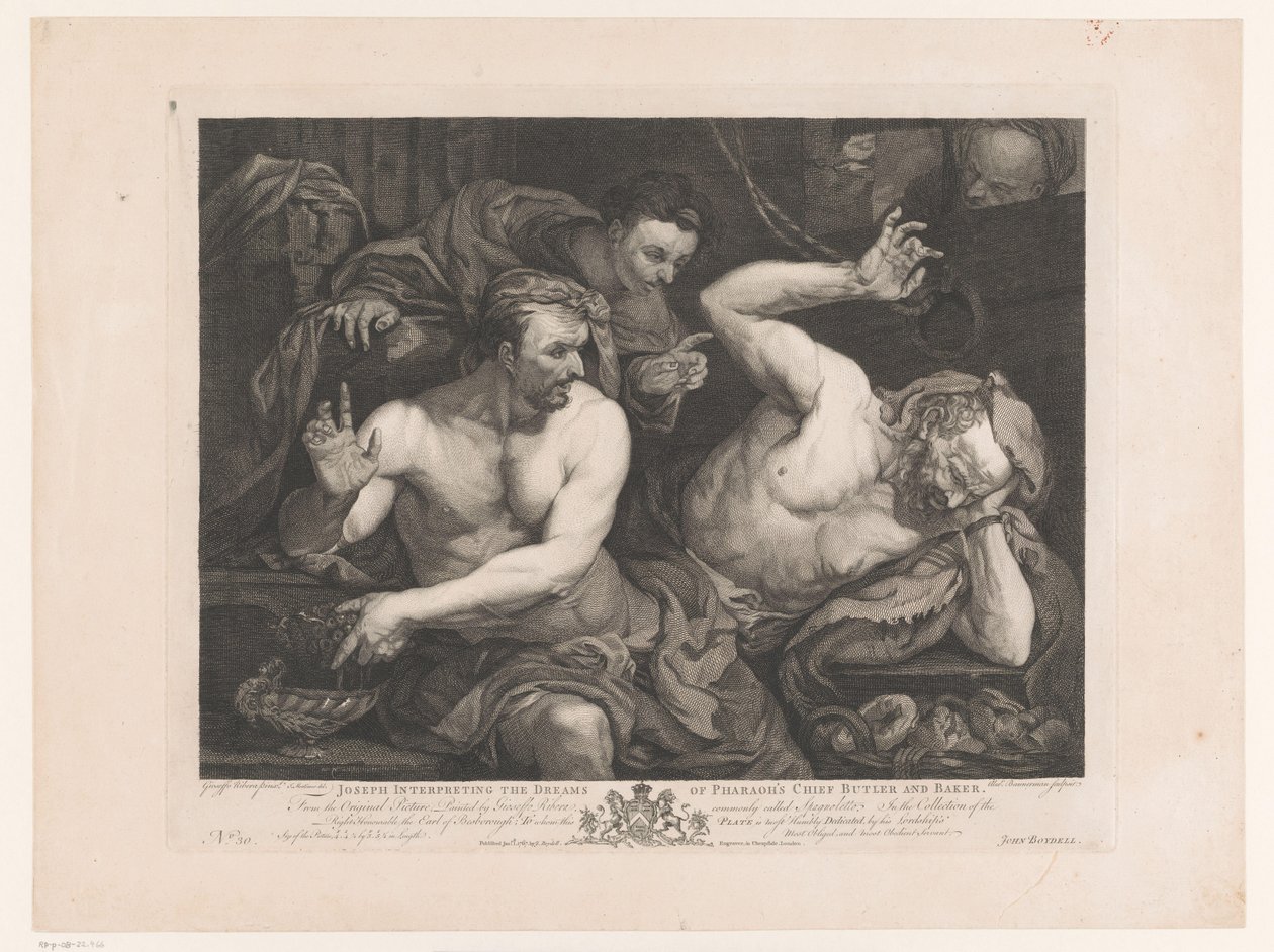 José interpretando los sueños del jefe de los coperos y del panadero
José interpreta los sueños del mayordomo jefe del faraón y del panadero (título en el objeto) de Alexander Bannerman