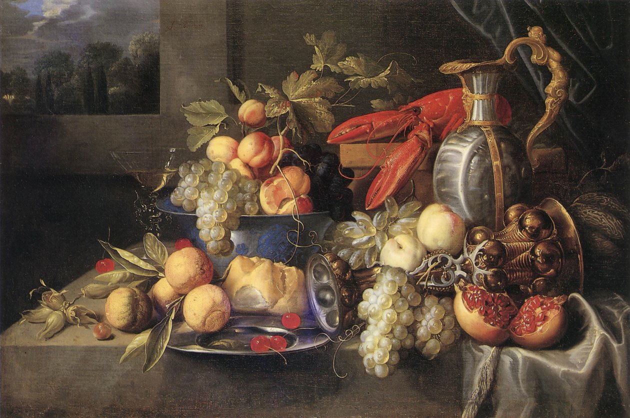 Bodegón frutal con langosta y pan, copa de columbina dorada, jarra de loza holandesa, plato de peltre y vaso veneciano alado. de Alexander Coosemans