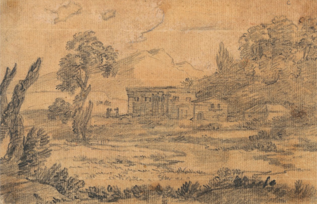 Edificios junto a un río con colinas al fondo de Alexander Cozens