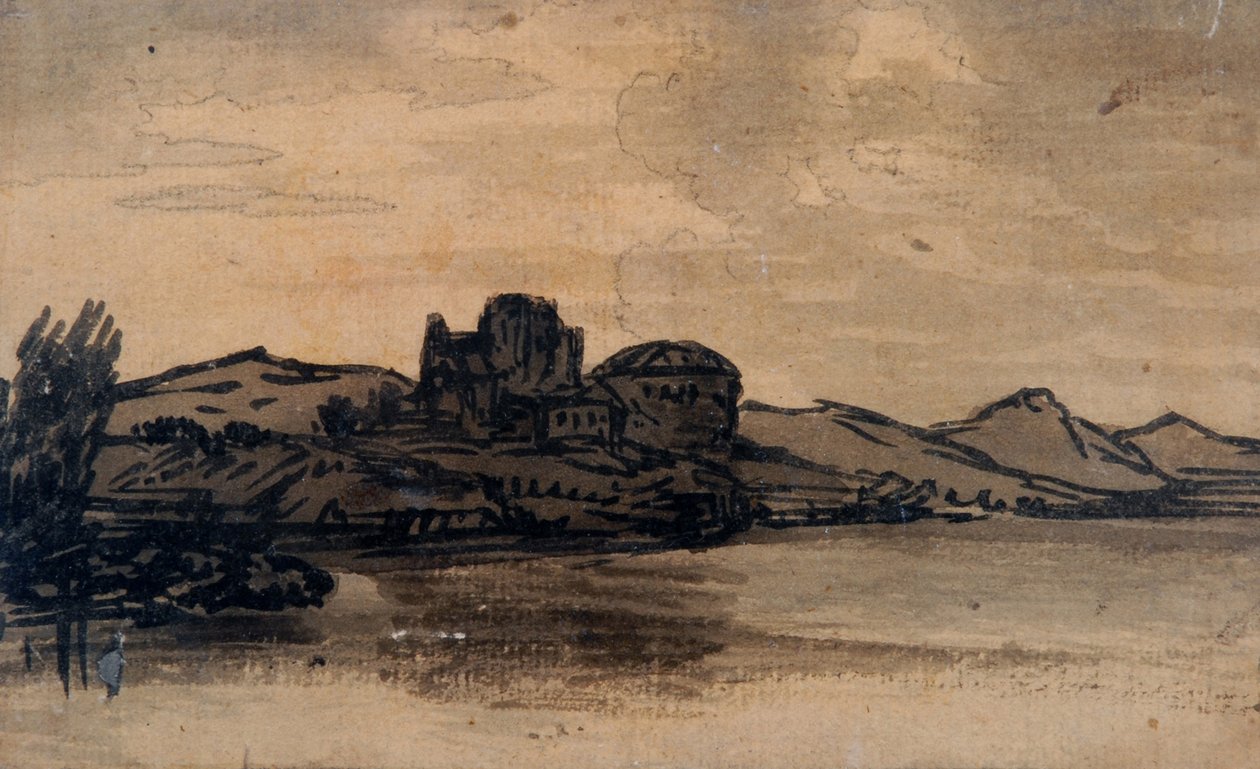 Paisaje italiano con edificio con cúpula de Alexander Cozens