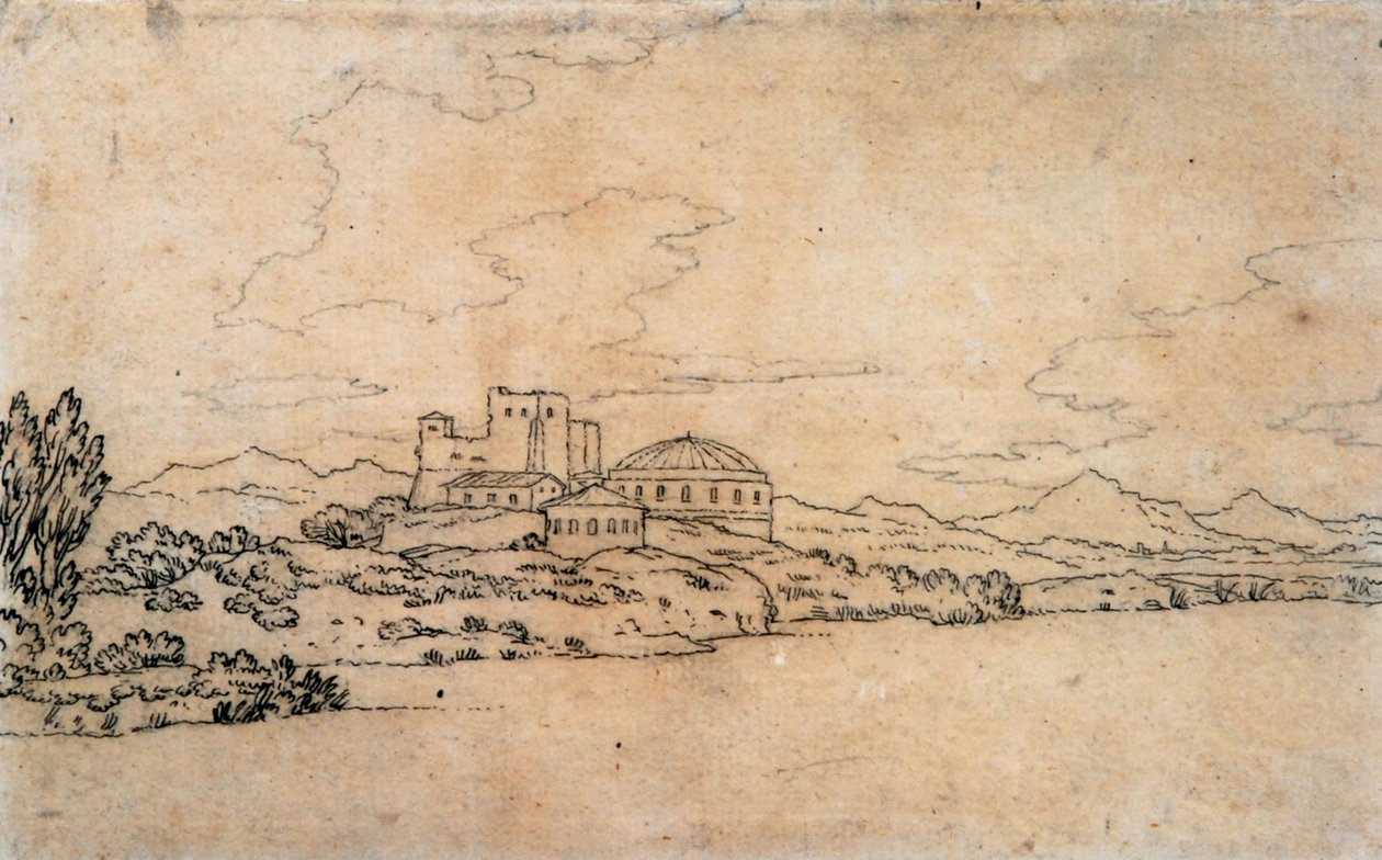 Paisaje italiano con edificio con cúpula de Alexander Cozens