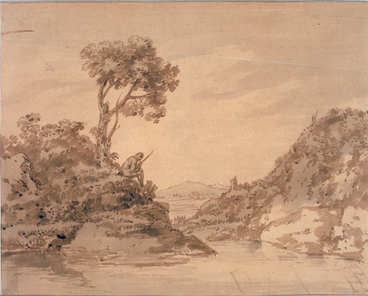 Paisaje con figura en la orilla de un estanque (Acuarela, sepia y aguada) de Alexander Cozens