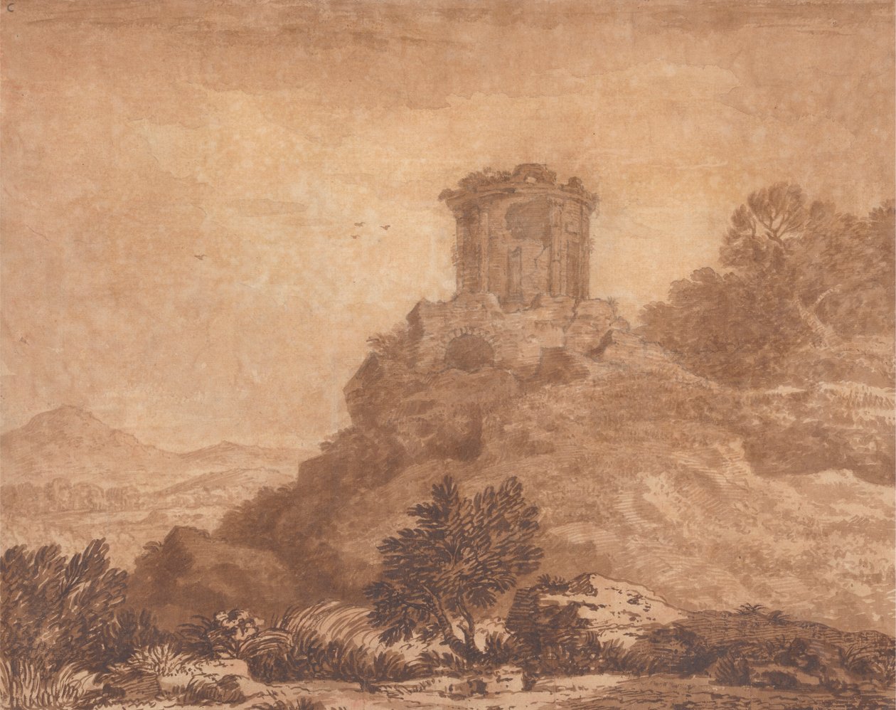 Paisaje con un templo en ruinas de Alexander Cozens