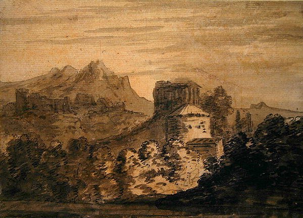 Paisaje montañoso con edificios italianos de Alexander Cozens