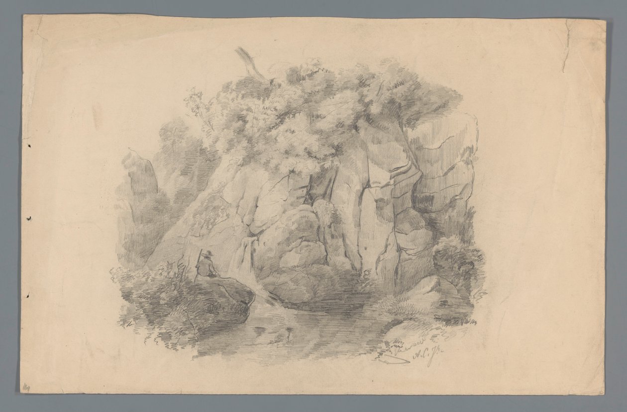 Paisaje con un hombre sentado junto a una cascada de Alexander Cranendoncq