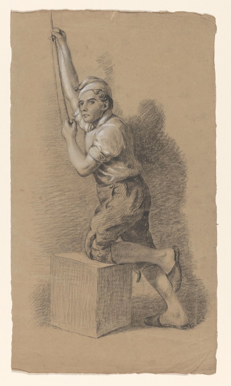 Hombre arrodillado sobre un bloque, a la izquierda, tirando de una cuerda de Alexander Cranendoncq