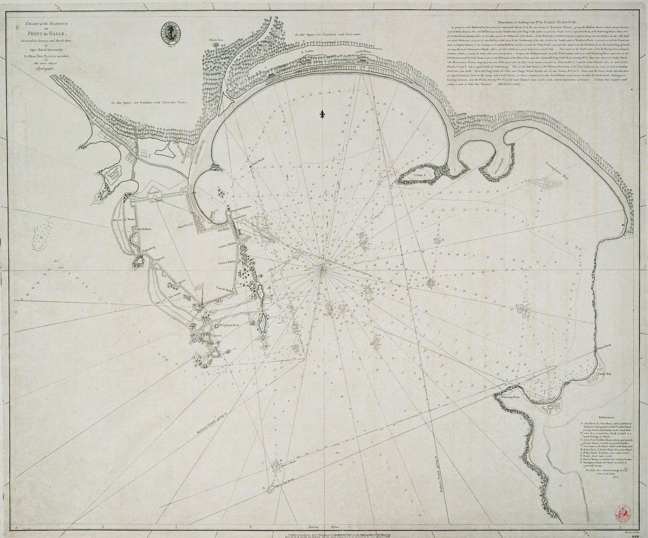 Carta del puerto de Point de Galle. Levantada en enero y marzo de 1800 por el capitán David Inverarity. A quien esta placa está inscrita, por su muy agradecido A.Dalrymple. de Alexander Dalrymple