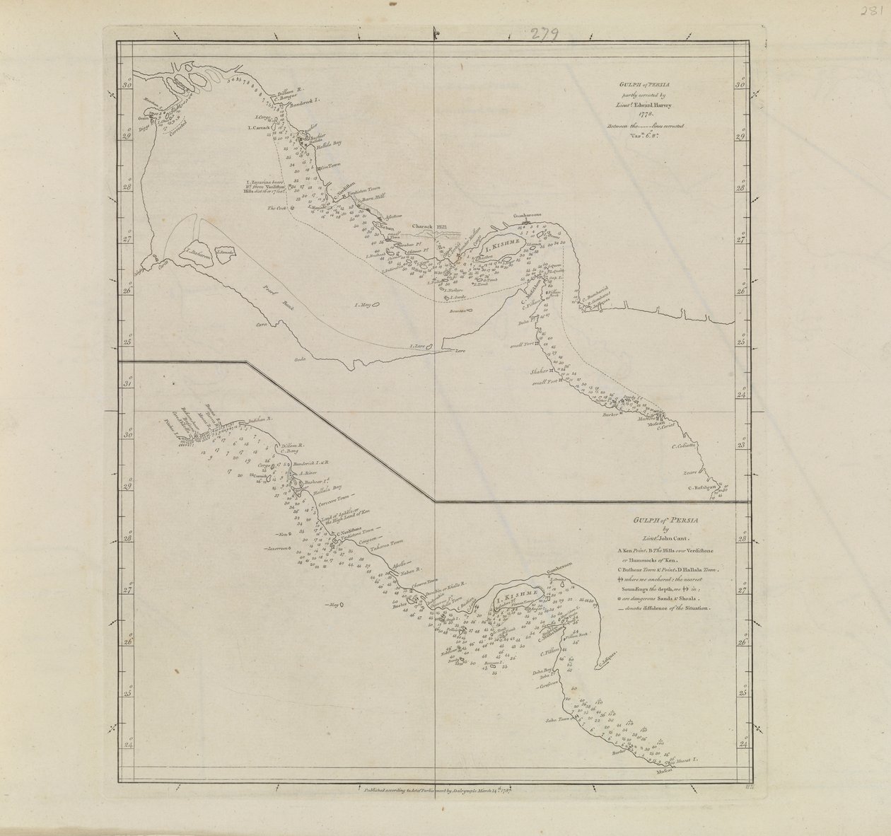 Plans of Ports, Dalrymple, Alexander publicado en 1791 ID Número 41167-2001 Una carta plana de parte del Golfo de Persia, parcialmente corregida por el Teniente Edward Harvey 1778 de Alexander Dalrymple