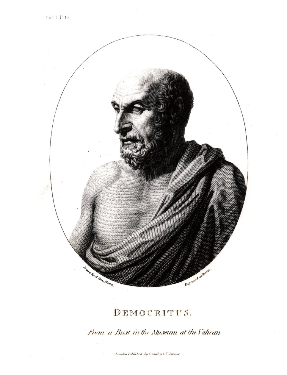Demócrito (c.460-c.370 a.C.), grabado de un busto en el Museo Vaticano de Alexander Day