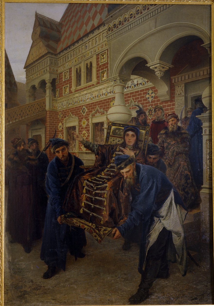 Boyarin Morozova. (Boyarynya Morozova). Feodosia Prokofiyevna Morozova (1632-1675), una ferviente seguidora del rito de los Viejos Creyentes, tomó los votos monásticos bajo el nombre de Teodora. Ella es descrita durante su detención por los partidarios de  de Alexander Dimitrievitch Litovtchenko