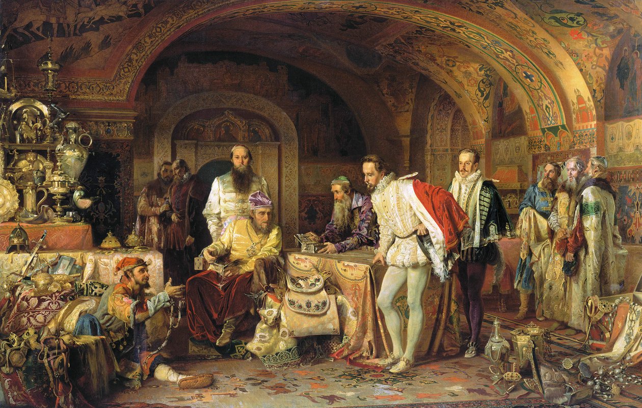 Iván IV de Rusia muestra sus tesoros al embajador de la reina Isabel I de Inglaterra, 1875 de Alexander Dmitrievich Litovchenko
