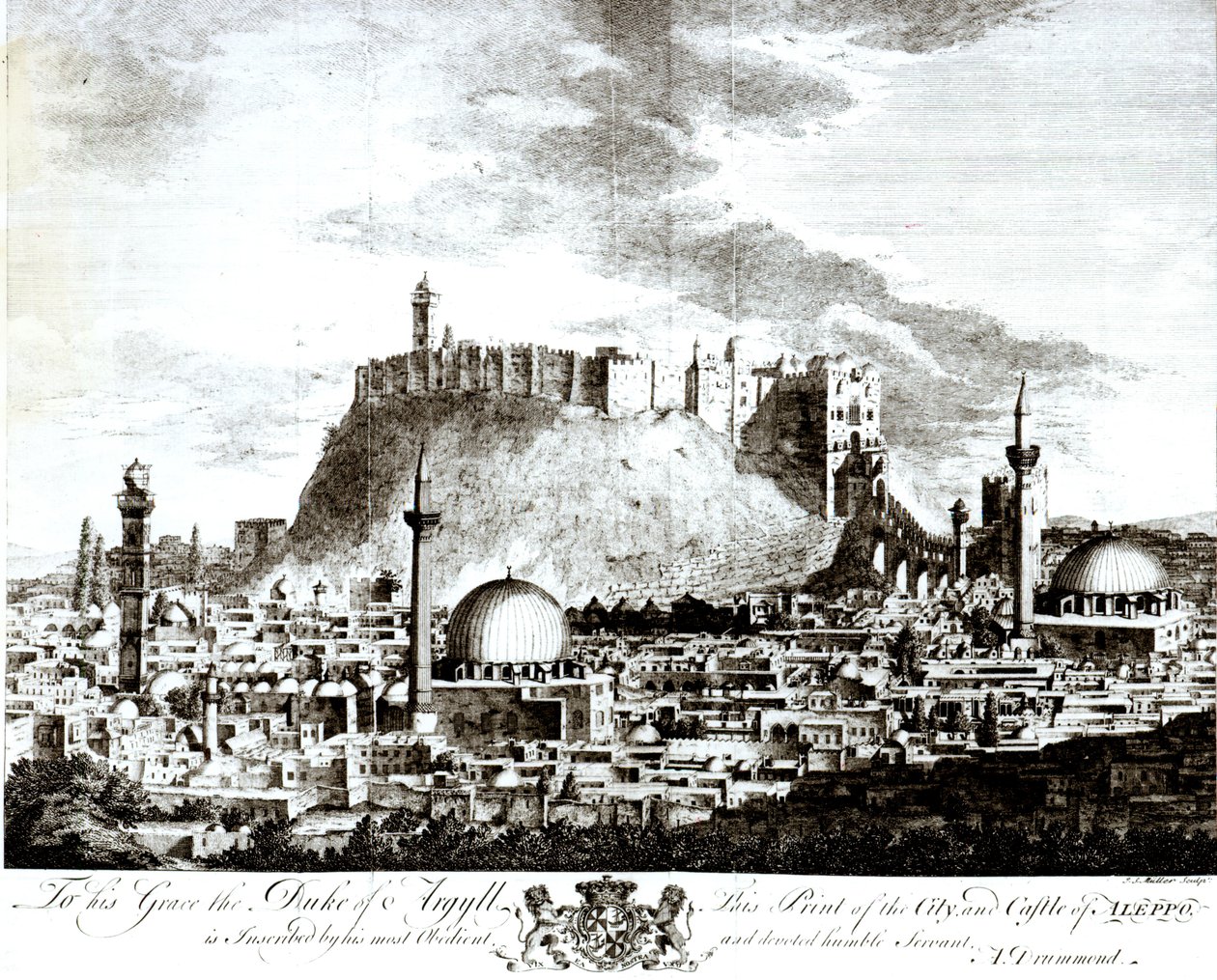 Una vista de la ciudad y el castillo de Alepo, Siria, 1754 de Alexander Drummond