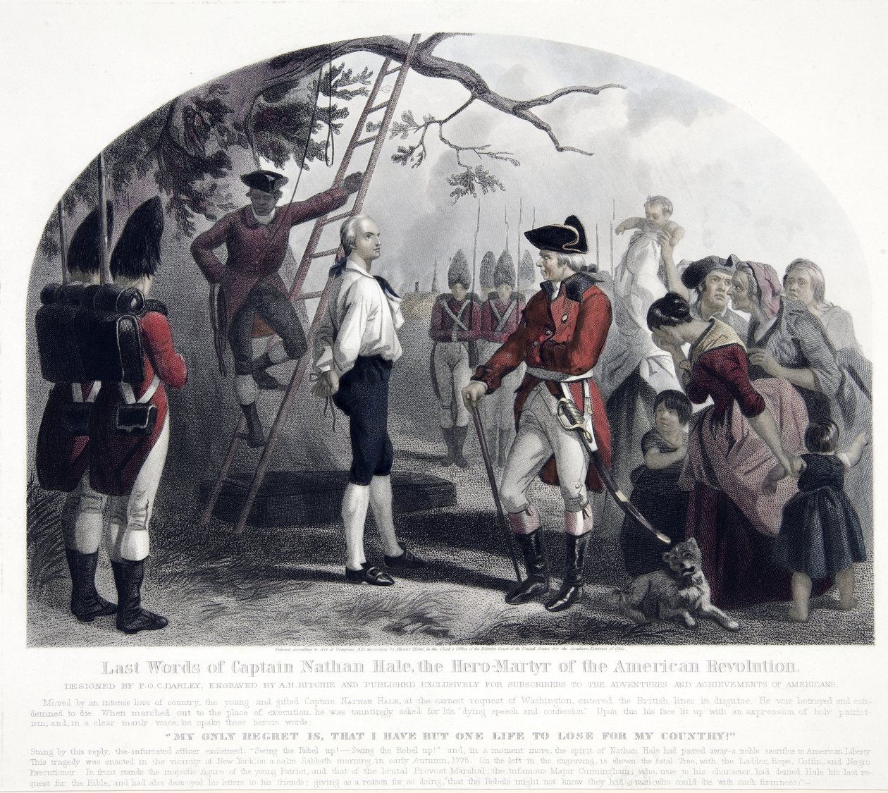 Últimas palabras del Capitán Nathan Hale, pub. 1858 (grabado coloreado a mano) de Alexander Hay Ritchie