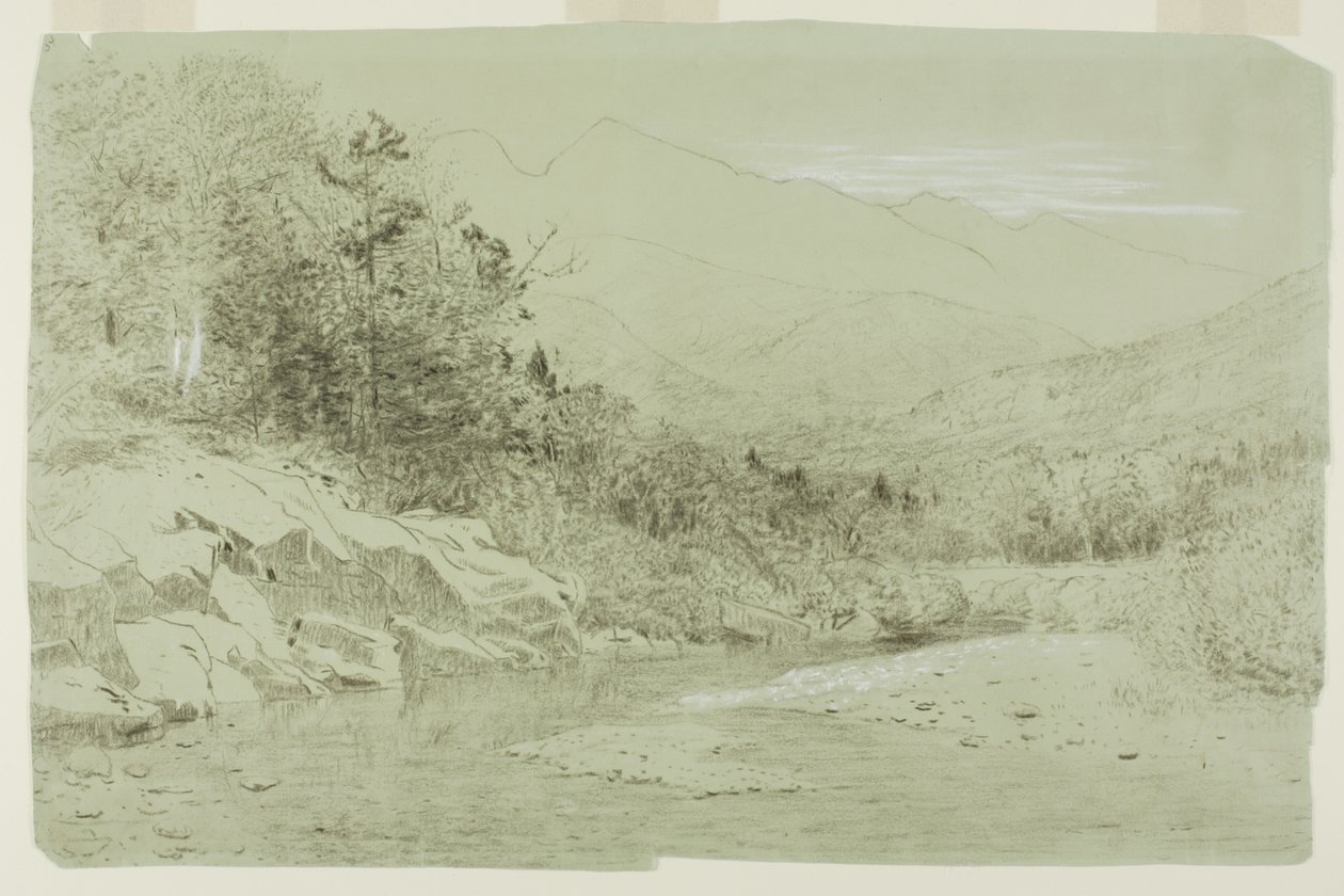 Corriente de río con montañas a lo lejos de Alexander Helwig Wyant