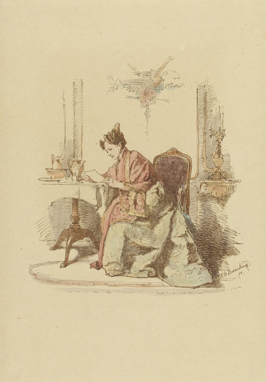 Mujer leyendo una carta en una mesa de Alexander Hugo Bakker Korff