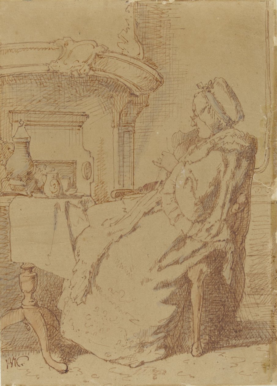 Anciana sentada, tejiendo en una mesa de Alexander Hugo Bakker Korff