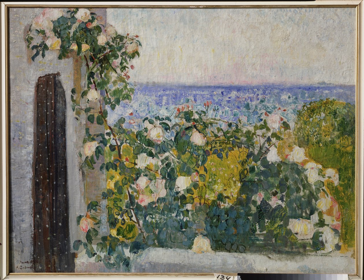 Flores en el balcón de Roma (Italia). Pintura de Alexander Ivanovich Savinov (1881-1942), óleo sobre lienzo de Alexander Ivanovich Savinov