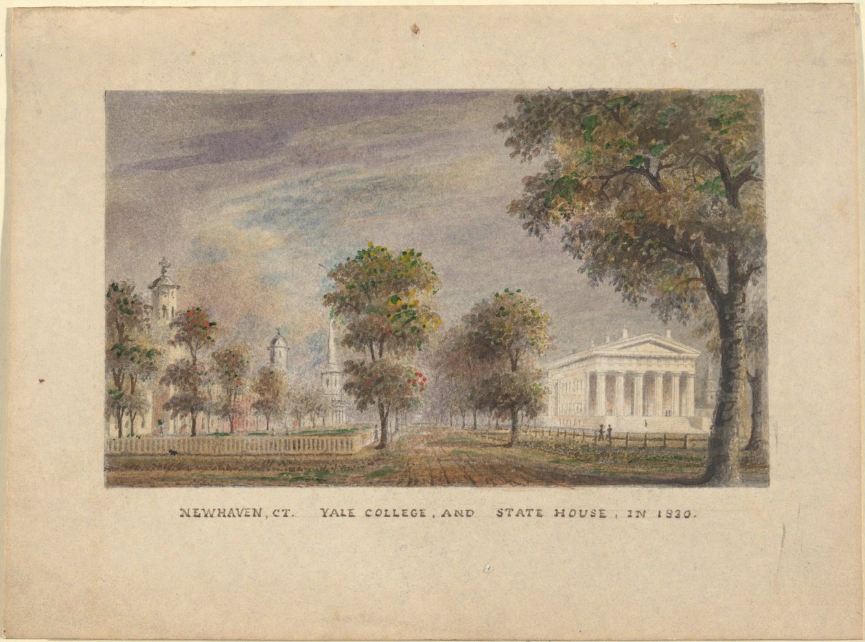 CT de New Haven. Yale College y State House en 1830 de Alexander Jackson Davis