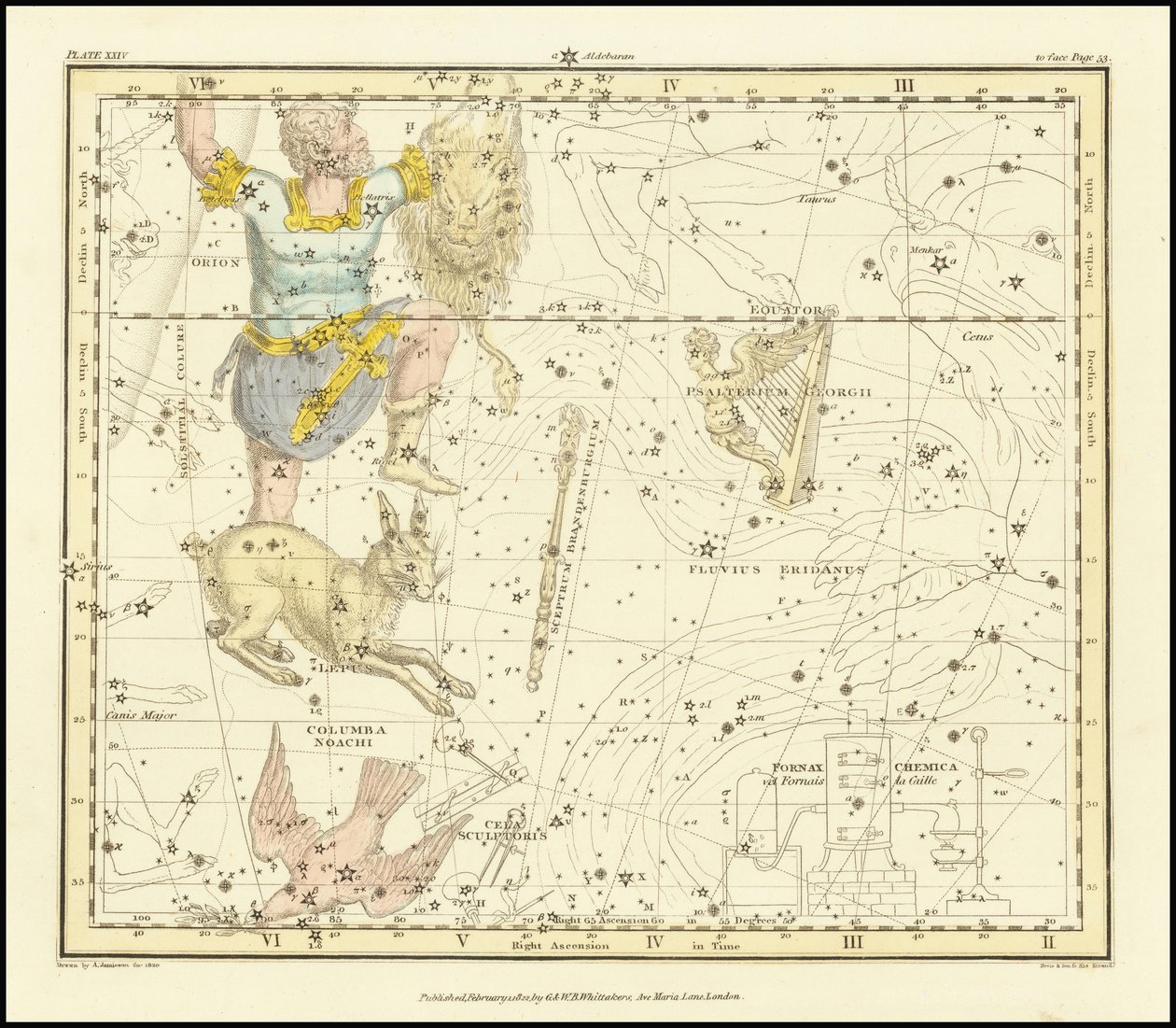 1822 - Alexander Jamieson - Orion, Psaltriem Georgii, Sceptrum Brandenburgium, Lepus y Columba Noachi de Alexander Jamieson