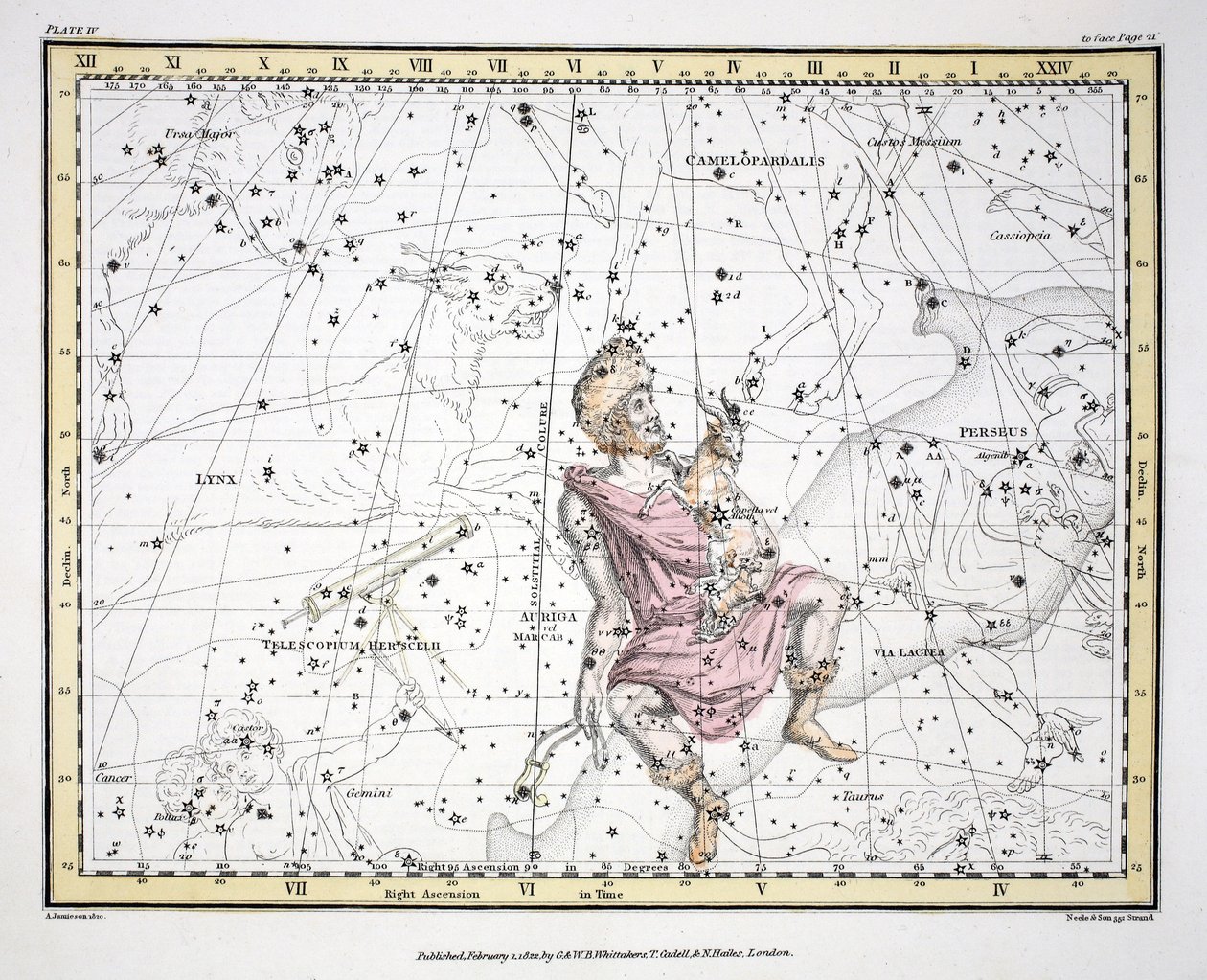 Las constelaciones (Placa IV) Auriga, Camelopaardalis, Telescopium Herschelli, de 