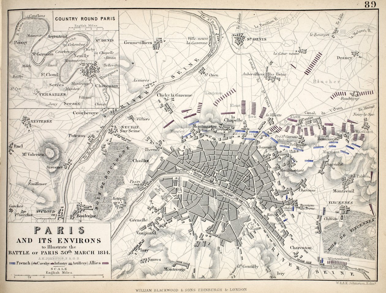 Mapa de París y sus alrededores, publicado por William Blackwood and Sons, Edimburgo y Londres de Alexander Keith Johnston