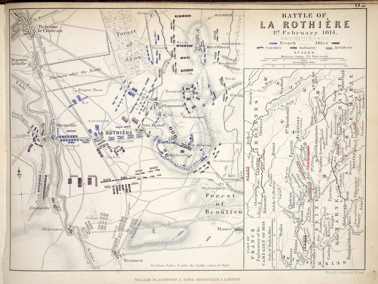 Mapa de la Batalla de La Rothiere, publicado por William Blackwood and Sons, Edimburgo y Londres, 1848 (grabado a mano) de Alexander Keith Johnston