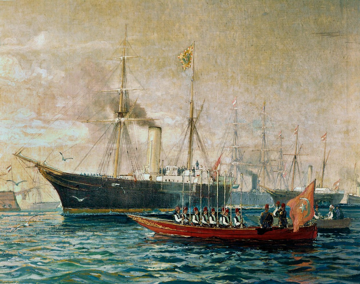 Llegada del emperador Francisco José I a bordo de su HMS Greif a Port Said, con motivo de la apertura del Canal de Suez ... (pintura sobre lienzo) de Alexander Kirchner