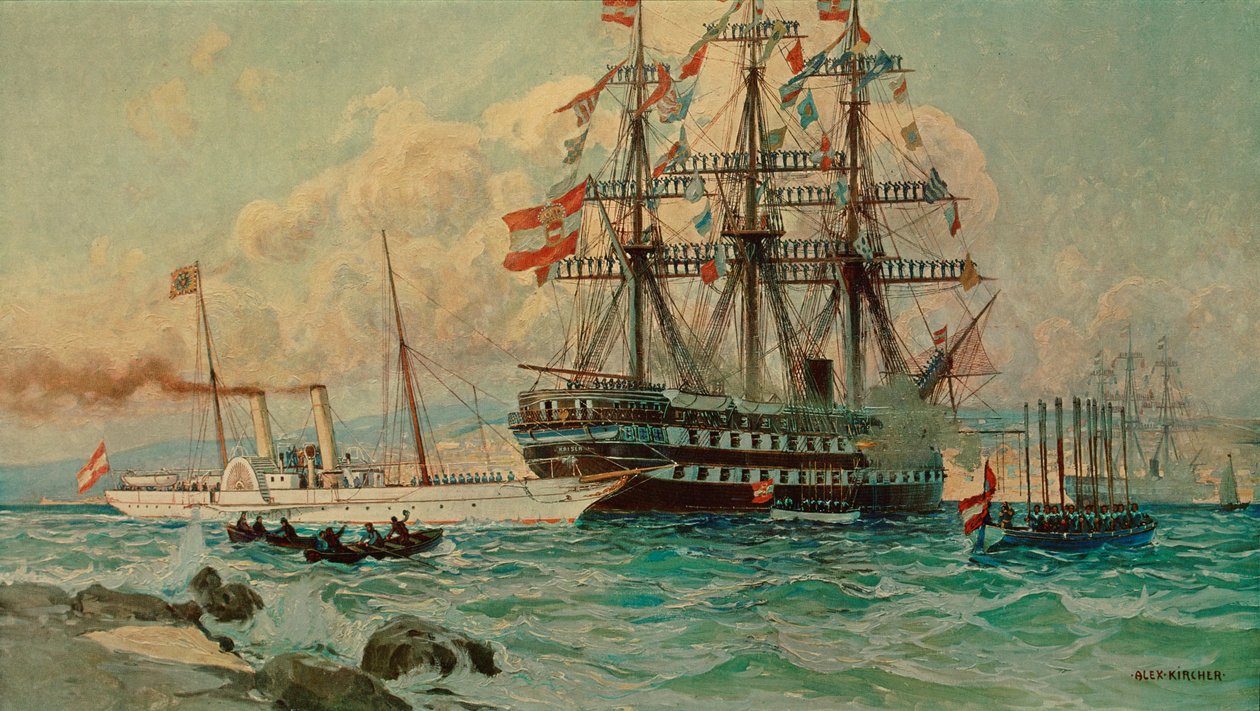El yate austriaco Fantasie y el transatlántico Kaiser ... (pintura sobre lienzo) de Alexander Kirchner