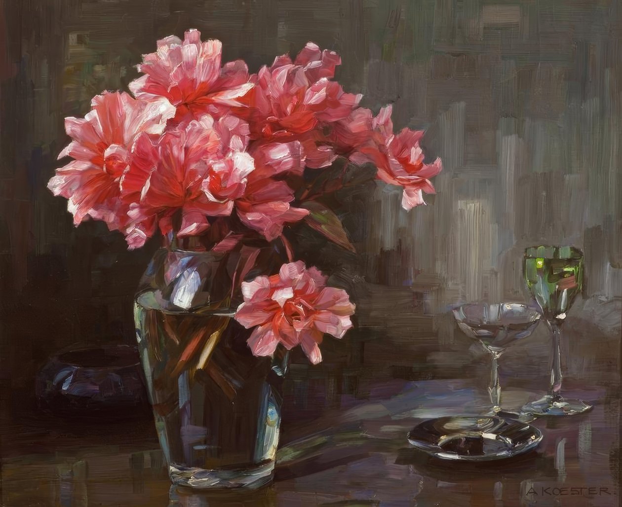 A. Koester, flores en jarrón de vidrio de Alexander Köster