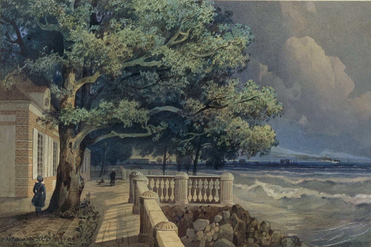 Terraza en el Palacio Monplaisir, Peterhof, 1847 de Alexander Matveyevich Dorogov