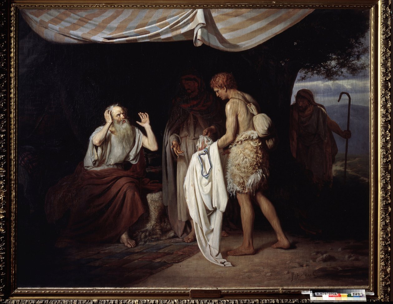 La túnica ensangrentada de José llevada a Jacob. Después de haber vendido a su hermano José como esclavo en Egipto, celosos de la preferencia de su padre por José, los hermanos presentan su túnica a Jacob, para de Alexander Nikanorovich Novoskoltsev
