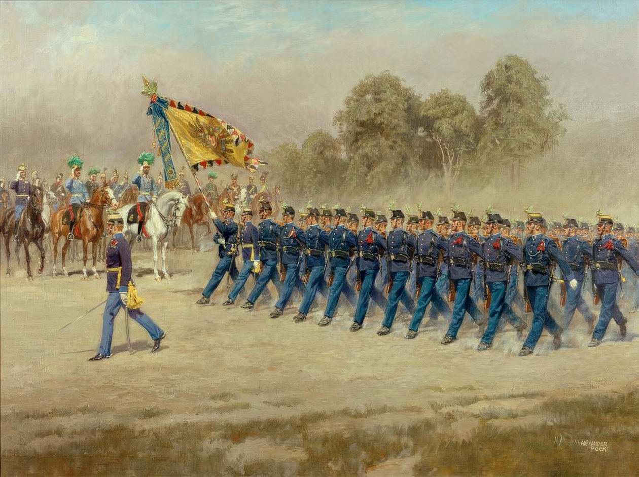 Regimiento de Infantería K. u. k. Hoch- und Deutschmeister Nr. 4 desfilando frente al Archiduque Eugenio de Alexander Pock