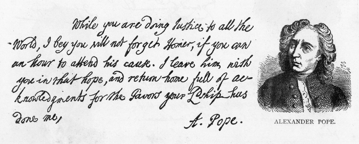 Escritura y firma de Alexander Pope de una carta a Lord Halifax pidiéndole que no olvide su traducción de Homero, que había dado a Lord Halifax antes de la publicación y agradeciéndole de Alexander Pope