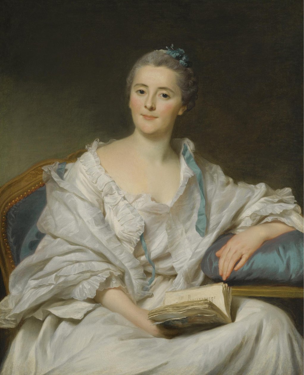 Retrato de Marie-Françoise Julie Constance Filleul, Marquesa de Marigny con un libro de Alexander Roslin
